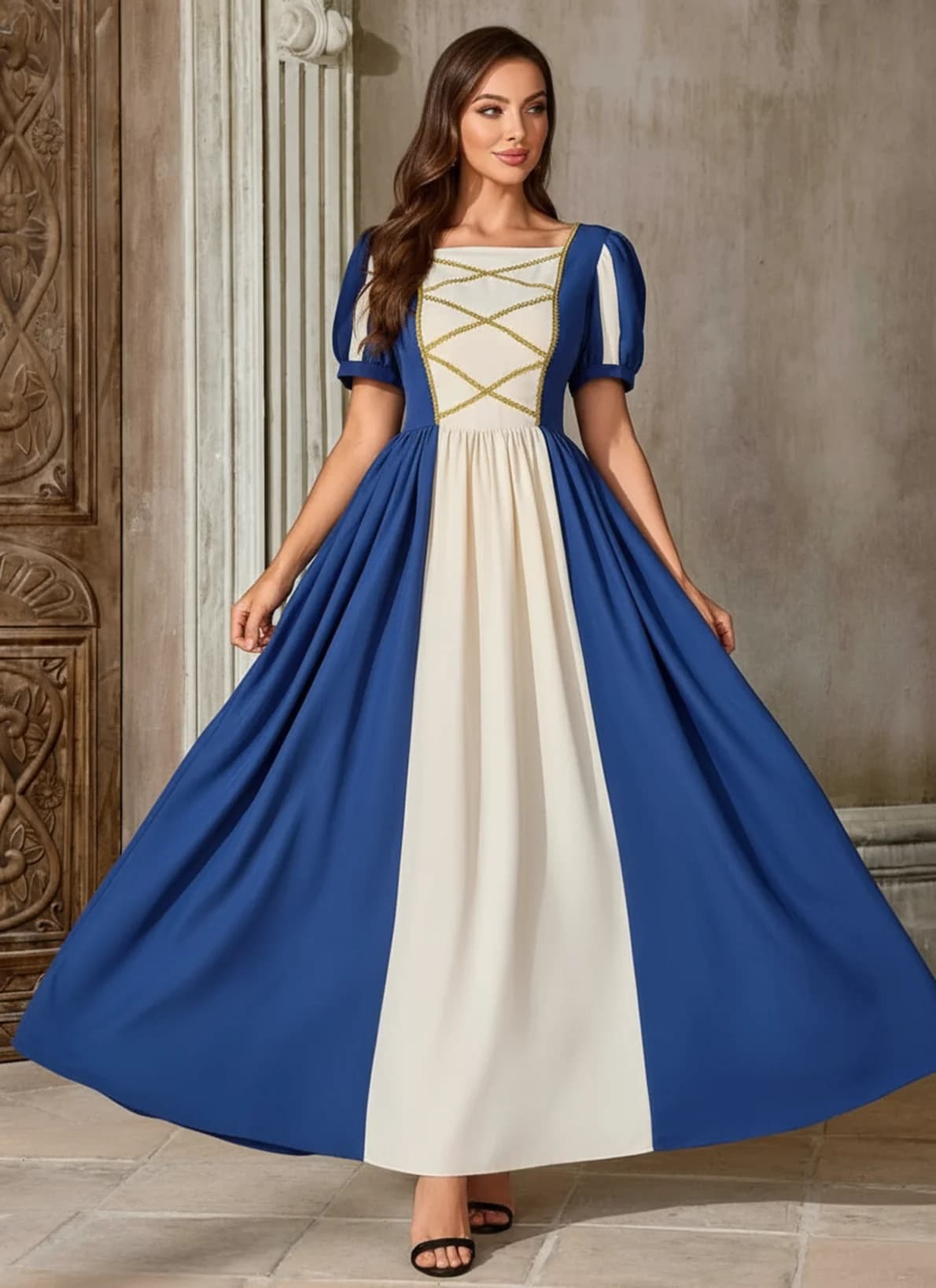 Costume Rinascimentale di Halloween, Abito Lungo Medievale Blu Beige con Maniche a Sbuffo