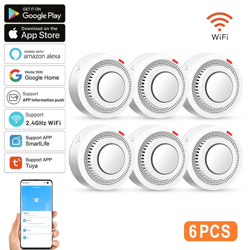 Confezione da 6 Sensori di Fumo WiFi Tuya, Controllo tramite App Smartlife, Allarme Fumo 85dB, Compatibile con Alexa e Google Assistant