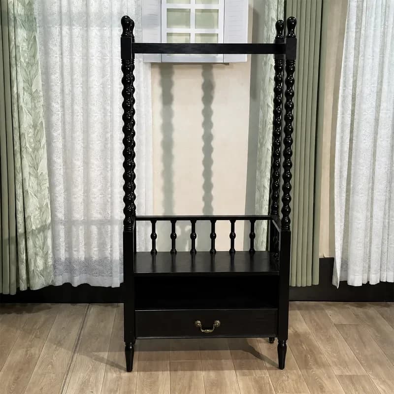 Medieval Black Solid Wood Coat Rack Floor Standing Hanger for Bedroom Bedside Clothes Storage