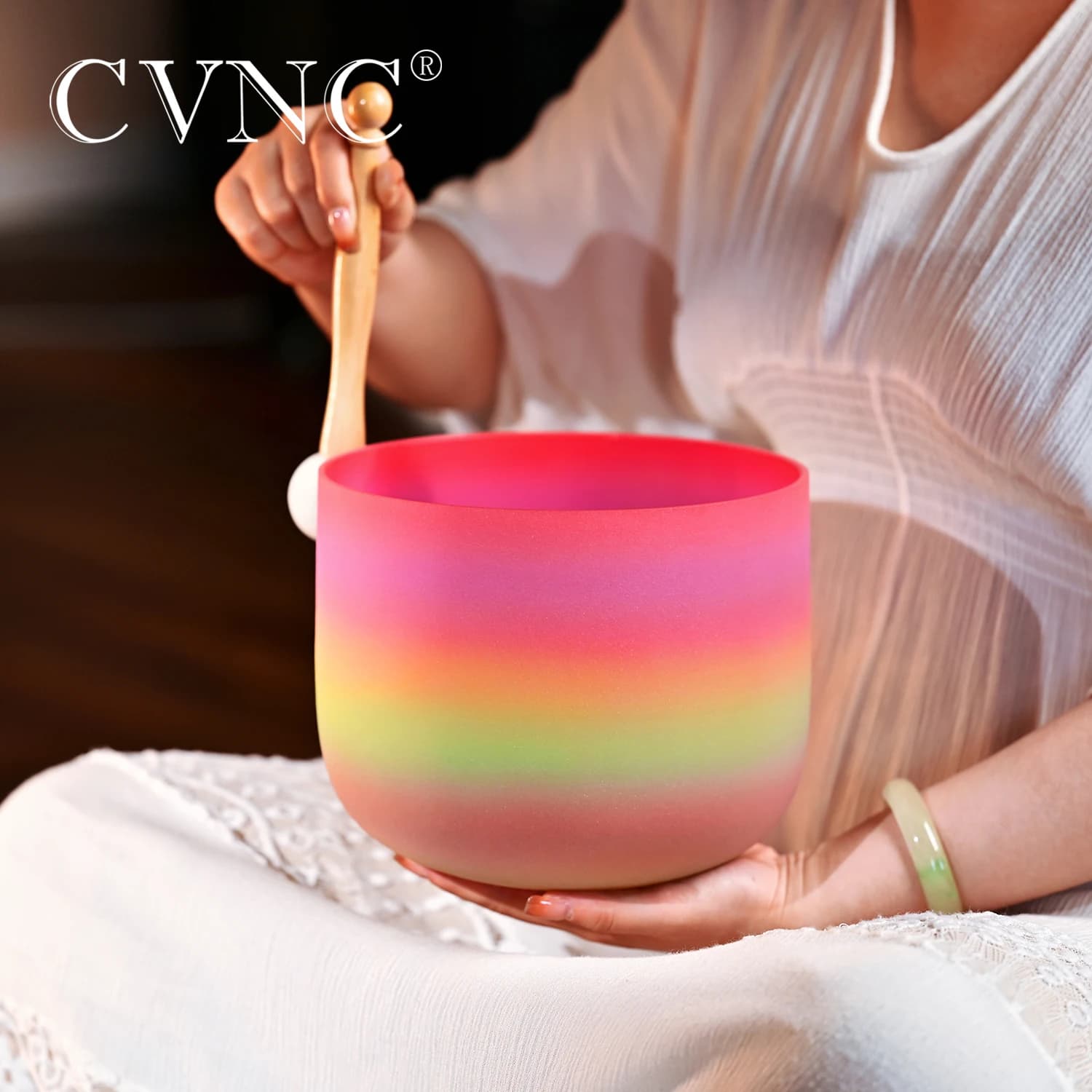 CVNC 8 Inch Candy Rainbow Colored Quartz Crystal Singing Bowl for Sound Healing and Meditation with Free Mallet