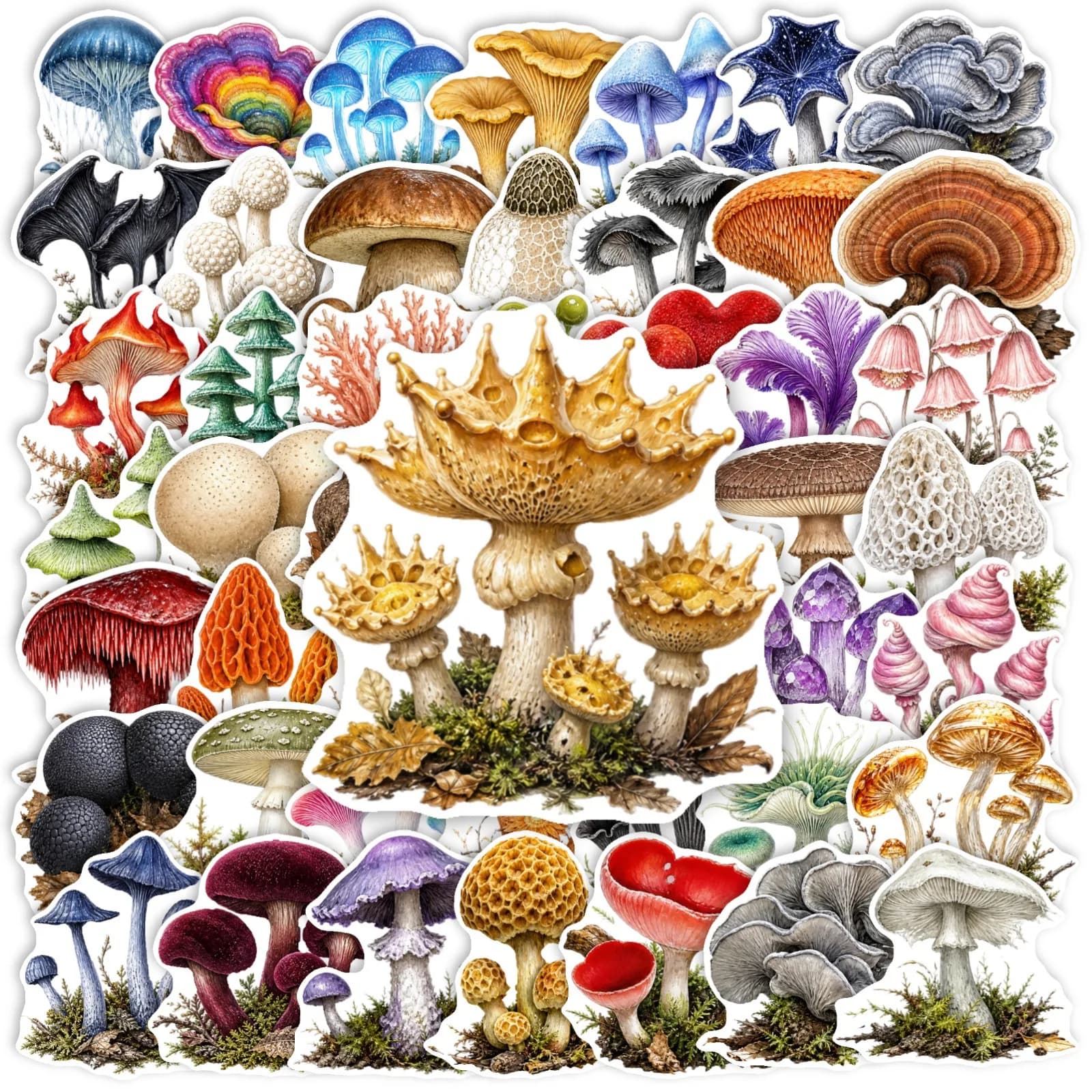 50 Pcs Vintage Colorful Mushroom Plant Stickers Nature Fungi Waterproof Vinyl Decals for Notebook Skateboard Fridge Laptop Gift