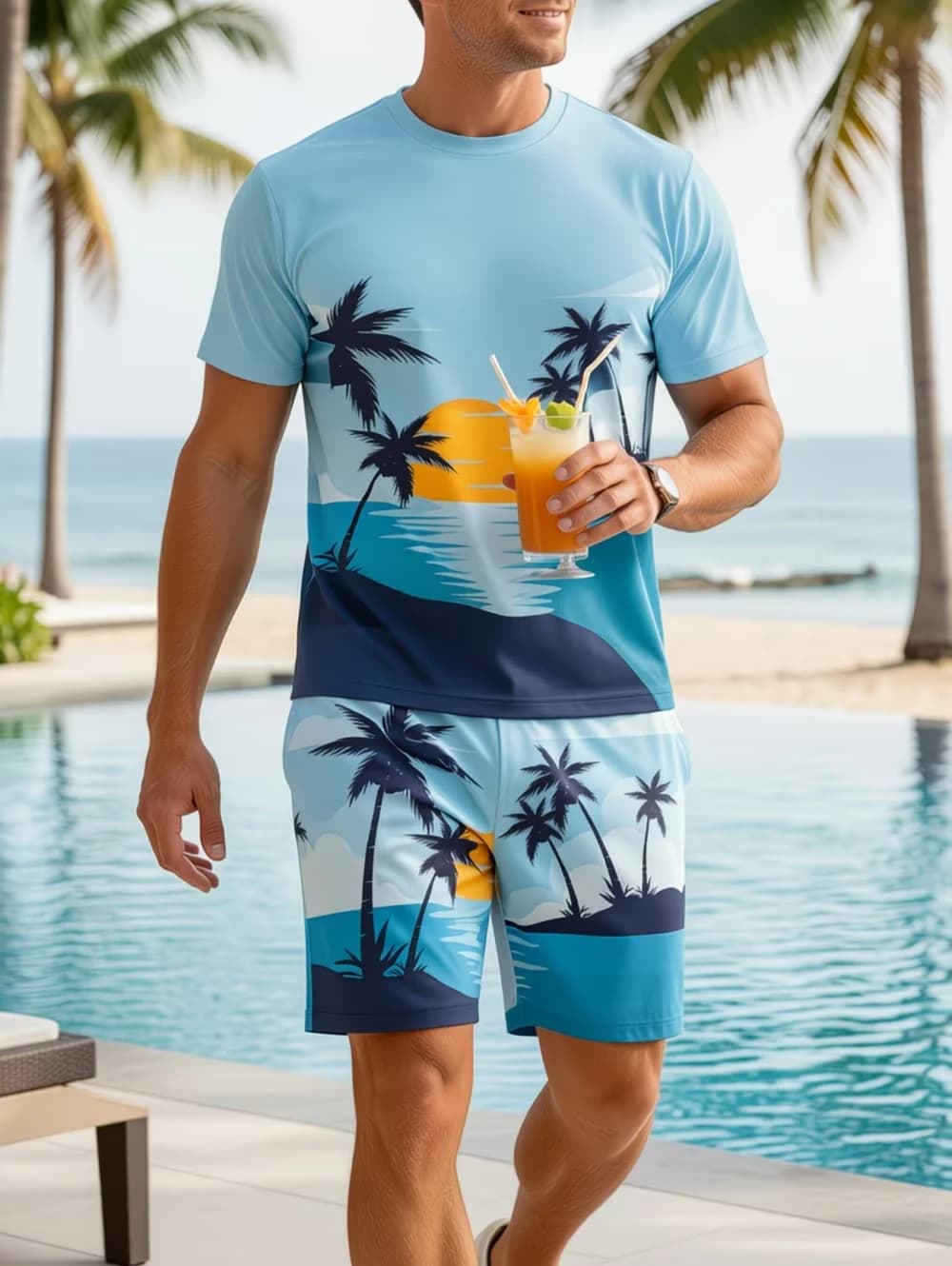 Completo da Uomo 2 Pezzi 2026 con Stampa Palma Hawaiana - T-Shirt e Pantaloncini Casual a Maniche Corte per Esterni e Spiaggia