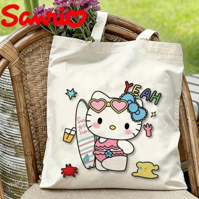1PC anrio Hello Kitty Summer Surf Borsa a tracolla in tela ecologica con stampa “YEAH”