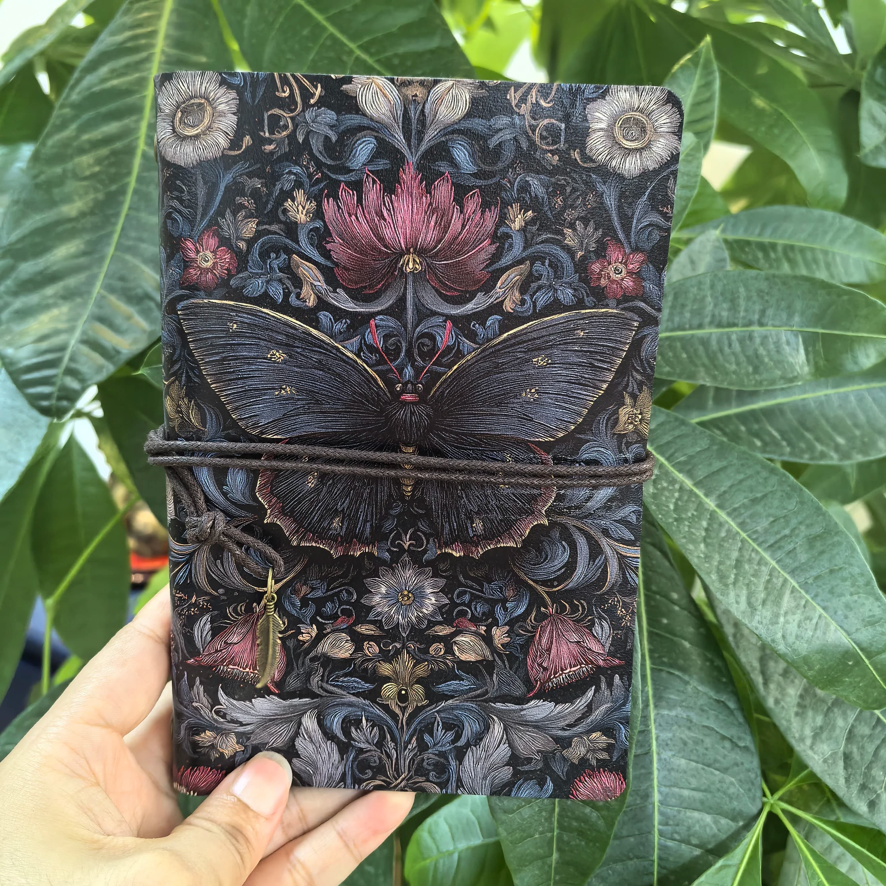 Vintage Dark Butterfly PU Leather Journal A6 Gothic Floral Moth Print Occult Witchcraft Style Diary with Elastic Band for Women