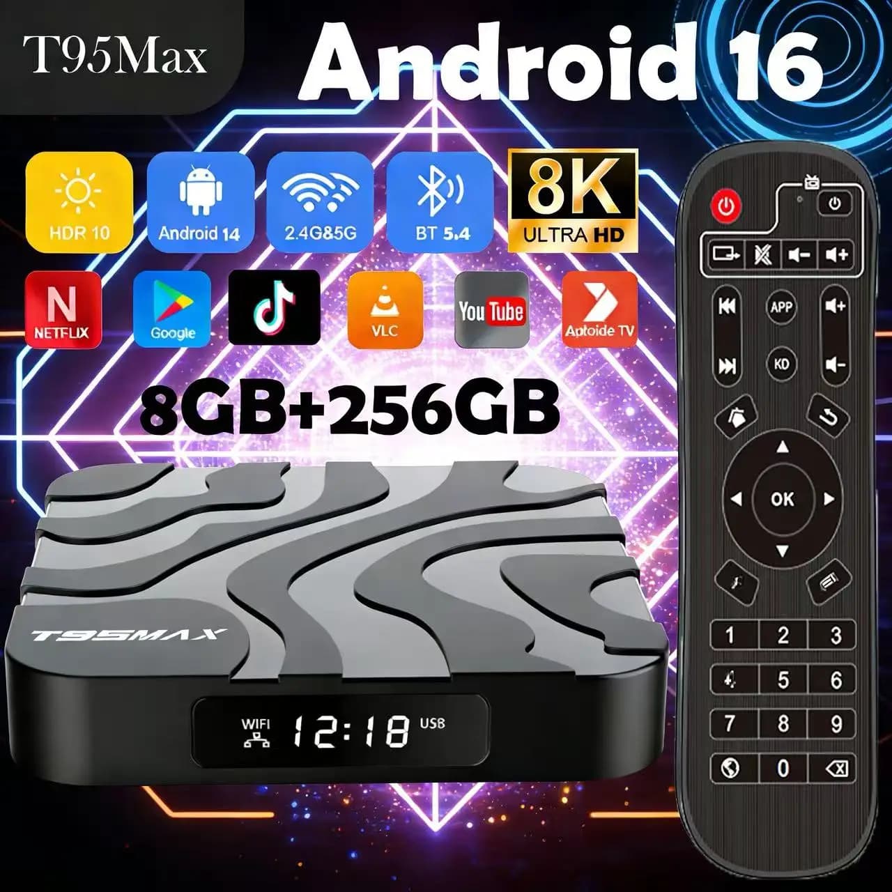 T95Max Android16 Smart TV Box 128GB 256G AllwinnerH618 con Assistente Google, Video 8K, Bluetooth 5.4, Lettore Multimediale Ultra Veloce, Set-Top Box