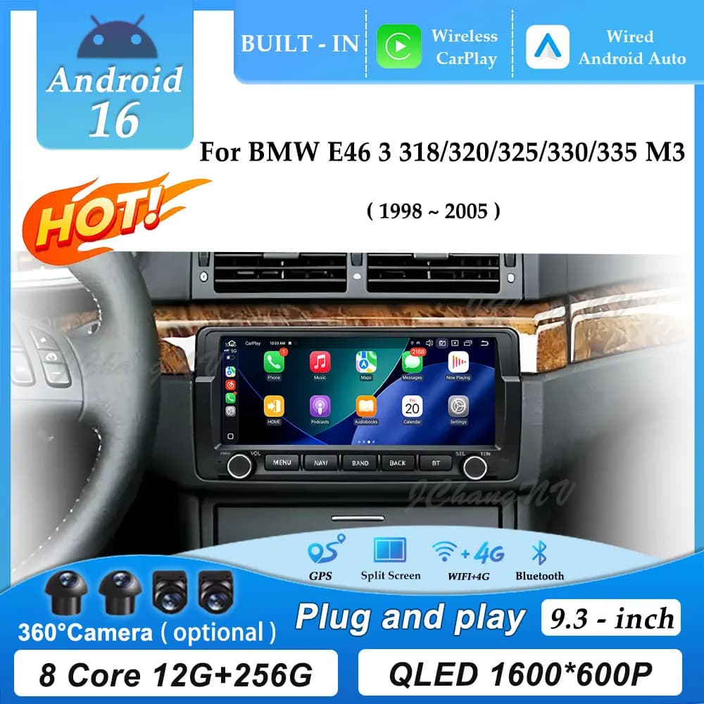 Autoradio Android 16 da 9.3 pollici per BMW E46 Serie 3 318/320/325/330/335 M3 1998-2005 con Carplay, GPS, Navigatore, Lettore Multimediale e DSP