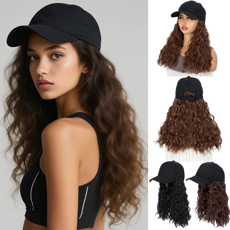 Parrucca per cappello da donna, parrucca per berretto da baseball a onde lunghe con estensioni sintetiche ricci, parrucca per cappello da baseball marrone nero regolabile