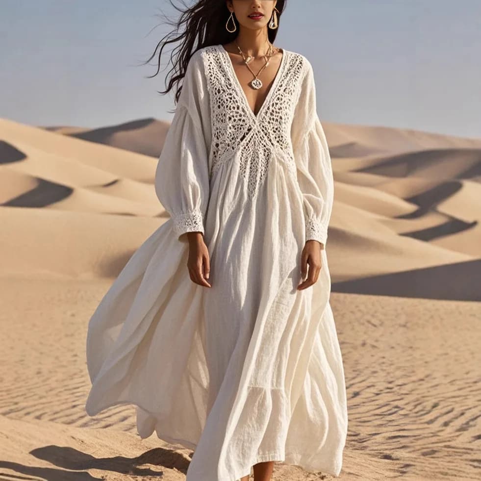 2025 Lace Hollow out Patchwork Loose Long Sleeve Cotton Linen Dress Beach Vacation Skirt Street Style Loose Waist Composite Lace