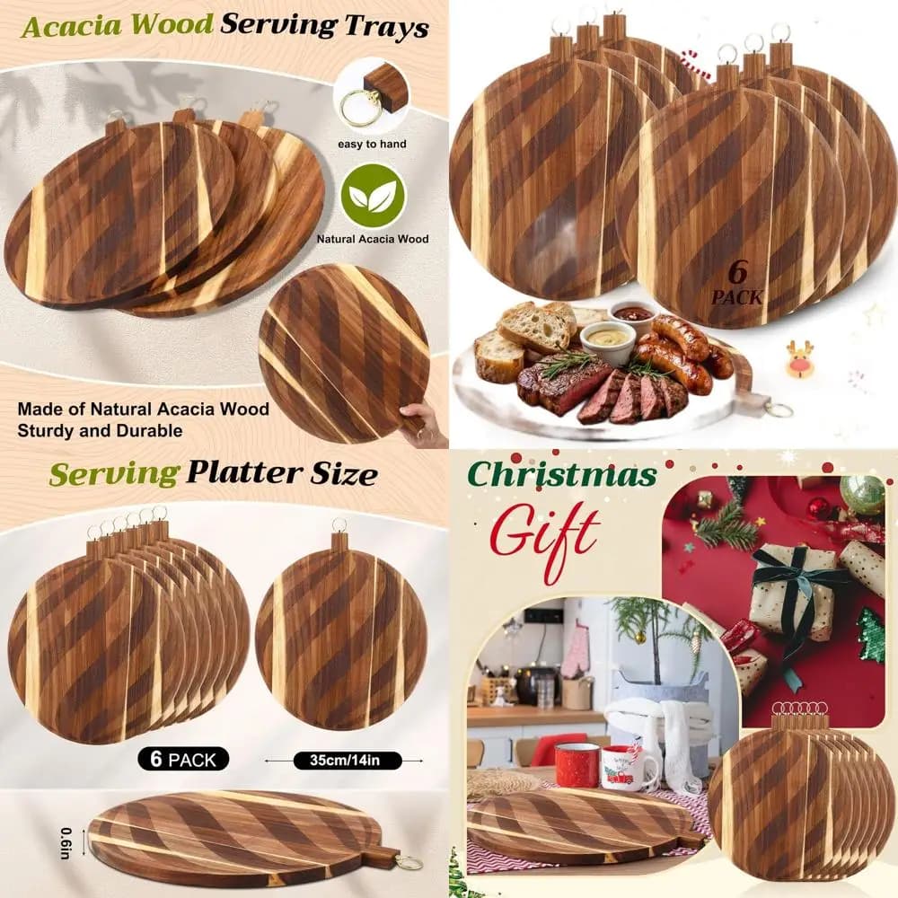 Set di 6 Taglieri Rotondi in Legno di Acacia da 14 Pollici, Ideali per Natale, Feste e Servire Formaggi