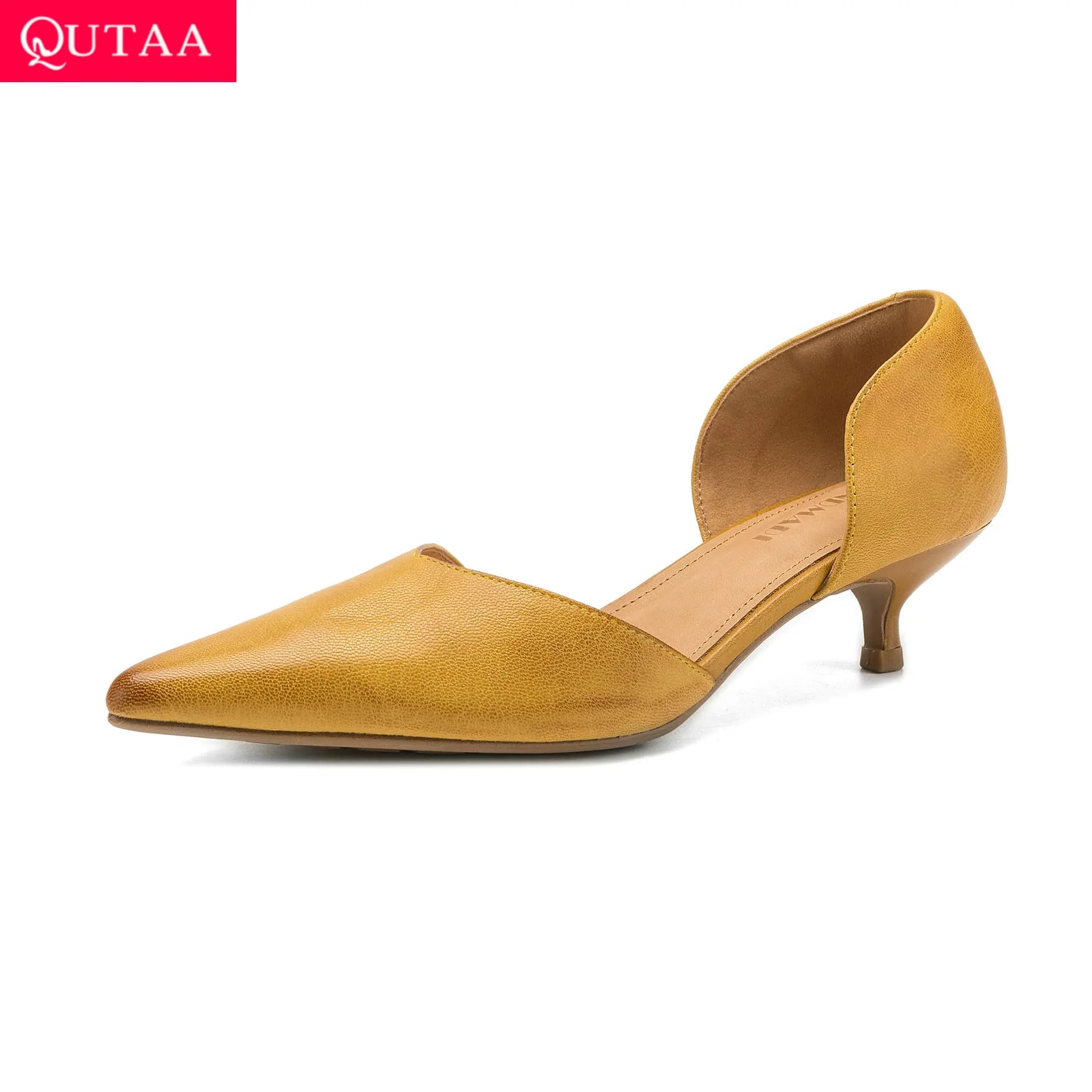 QUTAA News Fashion Cow Leather Women Pumps Shoes Kitten Mid High Heels Pointed Toe Sexy Spring Office Shoes Summer Dress 34-42