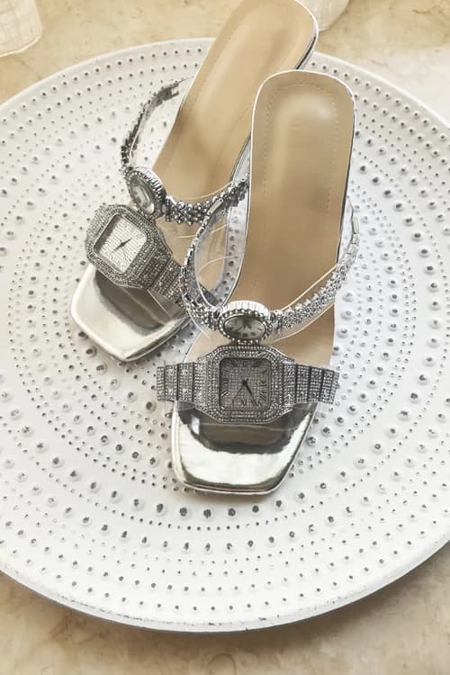 Original Design Crystal watch sandals with luxury high heel woman with diamonds in transparent leather with transparent heel, party shoes for appointments