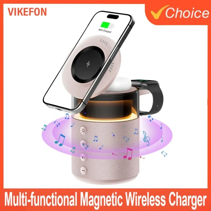 Caricatore wireless magnetico con altoparlante per luce notturna multifunzionale per Apple Watch e iPhone 17 16 15 14 13 12 Pro Max e AirPods 4/3 Pro