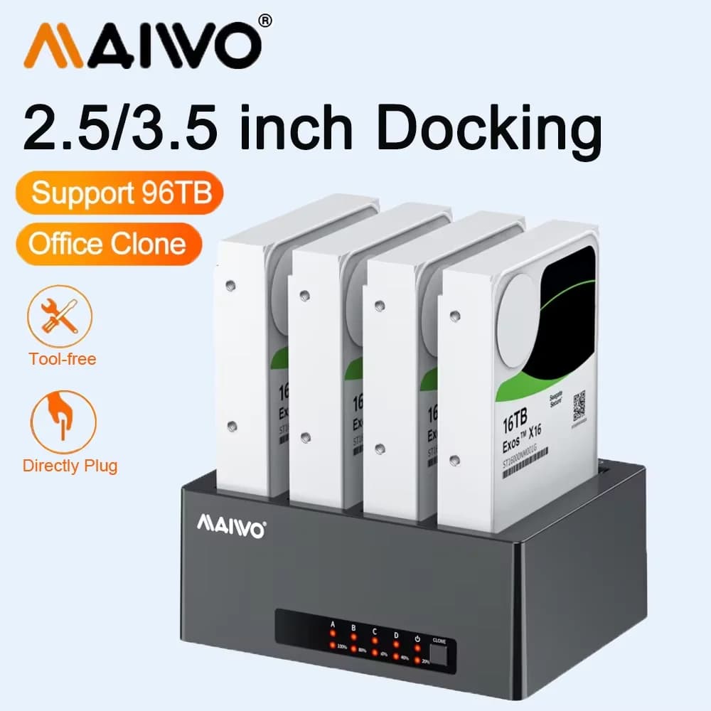 Docking Station MAIWO a 4 Bay per HDD 2.5\"/3.5\", Case Esterno per Hard Disk, Adattatore SATA a USB, Archiviazione Dati con Clonazione Offline