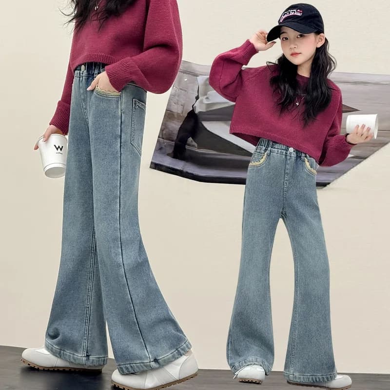 Jeans a Zampa d'Elefante alla Moda per Bambine con Tasche in Pizzo, Pantaloni in Denim Trendy per Ragazze 5-14 Anni