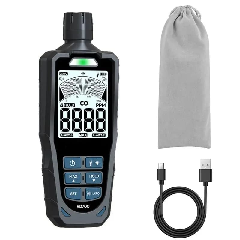 Rilevatore di Monossido di Carbonio M01K con Precisione del 10% (1000 PPM), Sfreni Regolabili, Allarmi Visivi e Acustici, per Uso Domestico