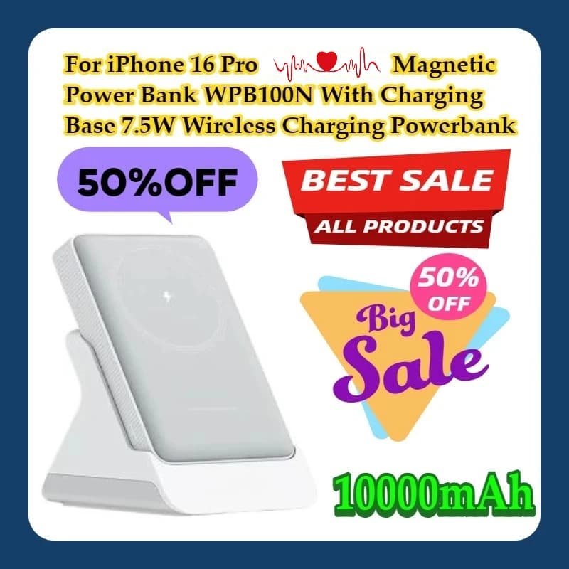 For iPhone 16 Pro Magnetic Power Bank 10000mAh WPB100N With Charging Base 7.5W Wireless Charging Powerbank