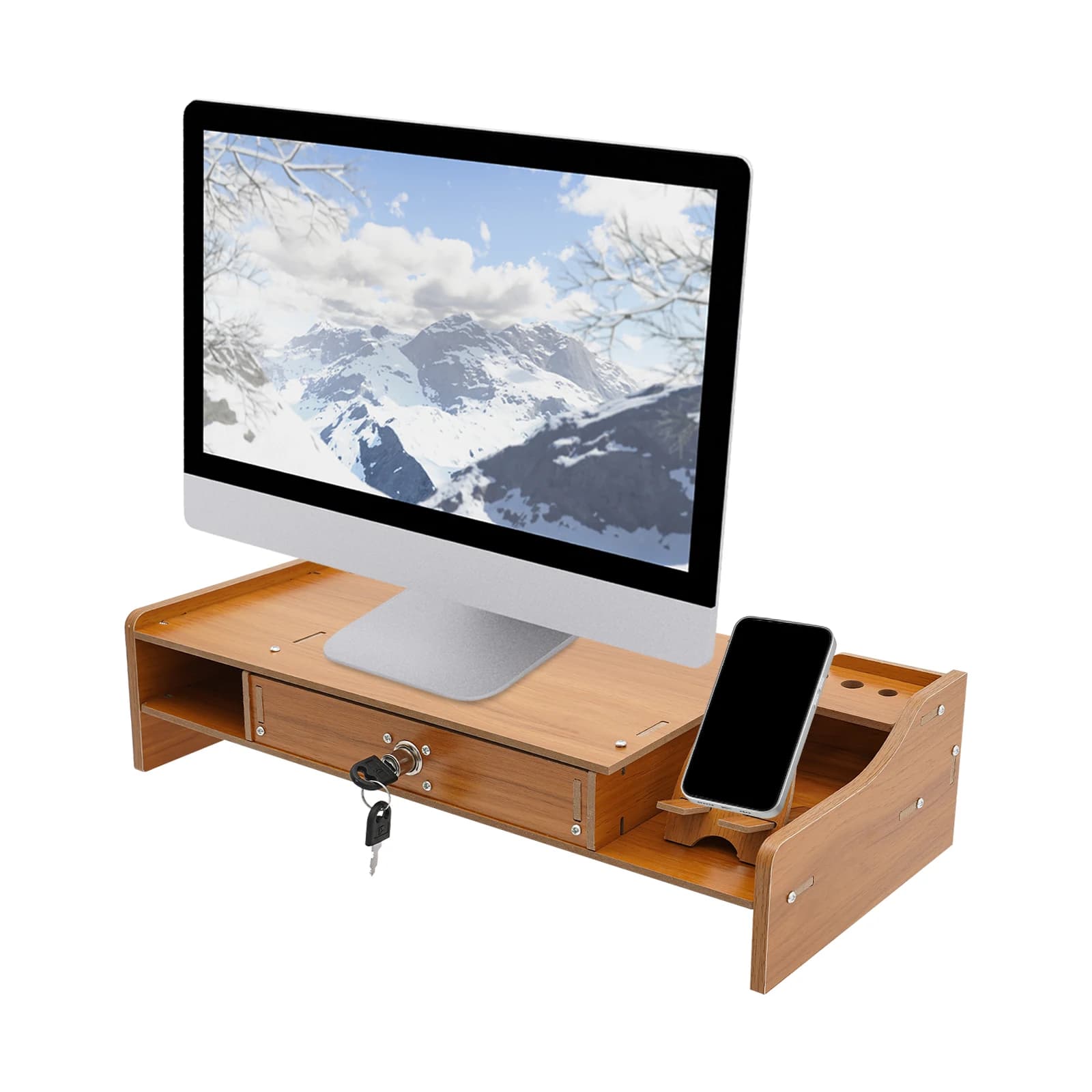 Wooden monitor stand with laptop drawer, PC stand, desk organizer, with 2 compartments and drawer with lock