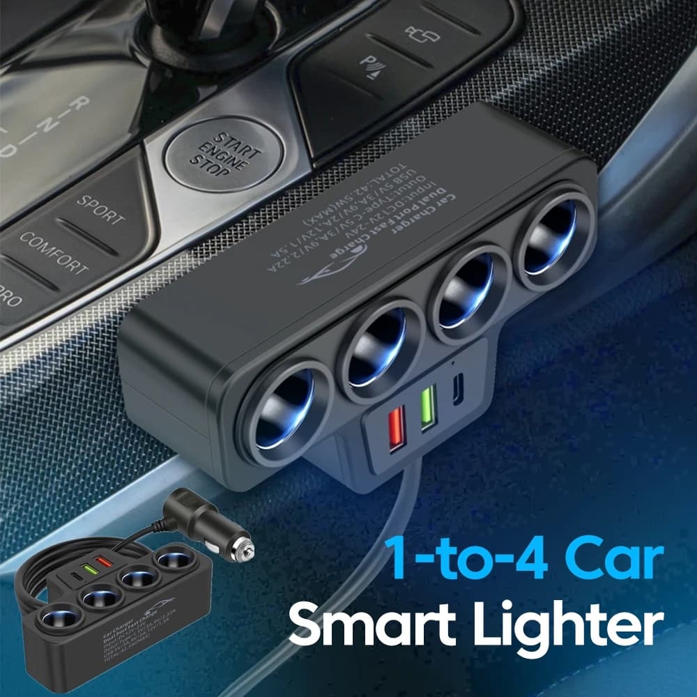 4 in 1 120W Car Charger 12V/24V DVR GPS Dashcam Car Lighter Adapter Quick Charging USB Type C Charger socket