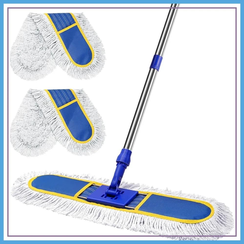 Mop Commerciale da Pavimento da 29,5 Pollici, Spazzola per la Pulizia Resistente con 2 Panni in Cotone Riutilizzabili, Manico da 61 Pollici per Legno Duro, Piastrelle, Laminato, Cemento