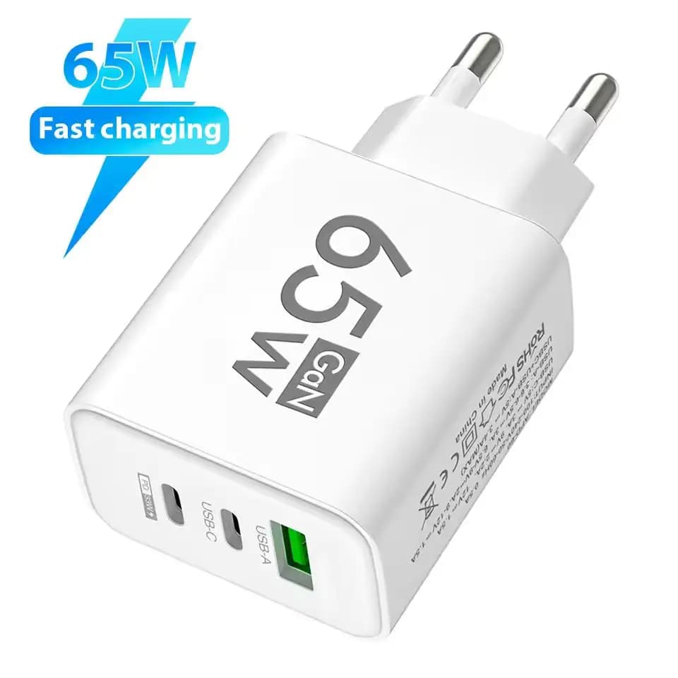 65W USB GaN Charger with 3 Ports Type C, Quick Charging for iPhone Samsung Xiaomi Huawei, Wall Adapter with EU/US Plug