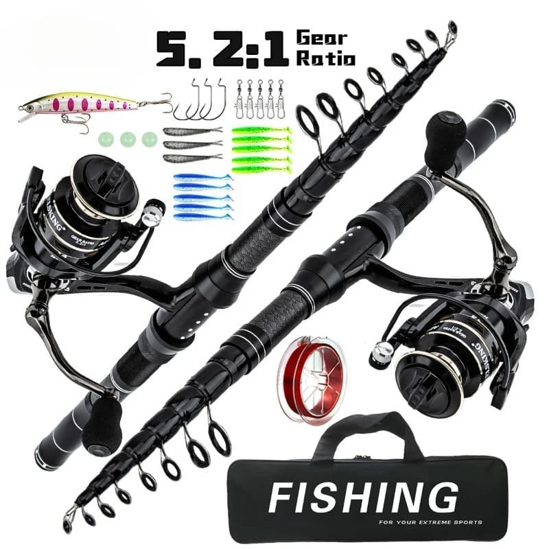 Carbon Fiber Telescopic Fishing Rod Reel Combo 5.2:1 Gear Ratio Spinning Reel Multiple Sizes With Simulation Lures Portable Full