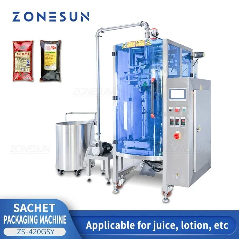 Macchina confezionatrice per bustine di liquidi ZONESUN ZS-420GSY per miele, salsa chili, salsa per pasta, burro di arachidi con pompa di alimentazione.