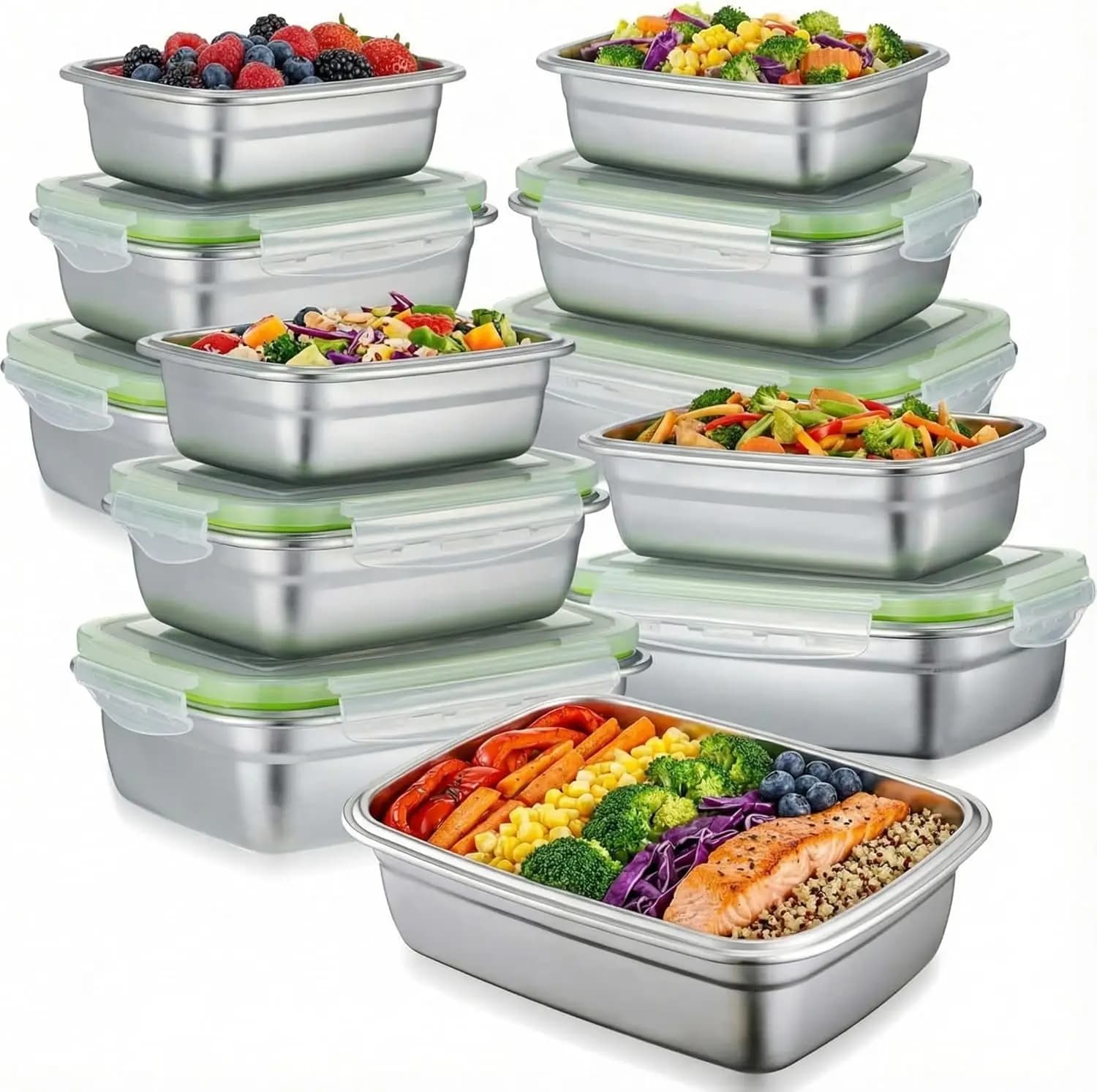 Set di 12 Contenitori per Alimenti in Acciaio Inox con Coperchi Ermetici, a Prova di Perdite e Impilabili per Preparazione Pasti, Viaggi, Picnic