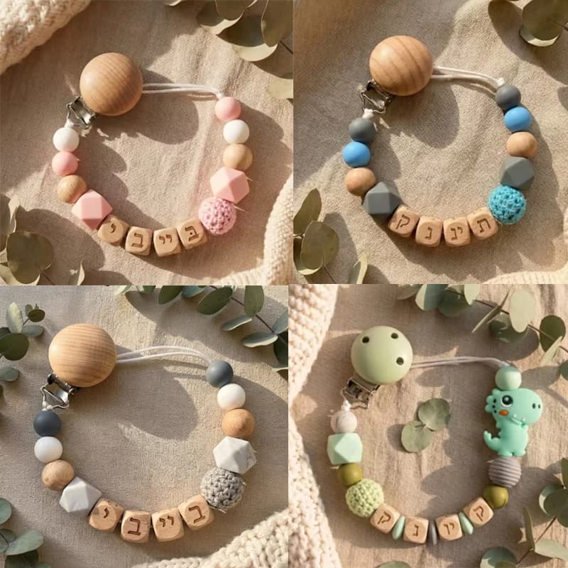 DIY Hebrew Personalized Pacifier Clip Custom Name Silicone Baby Teether Chain Dinosaur Dummy Holder BPA Free Baby Shower Gift