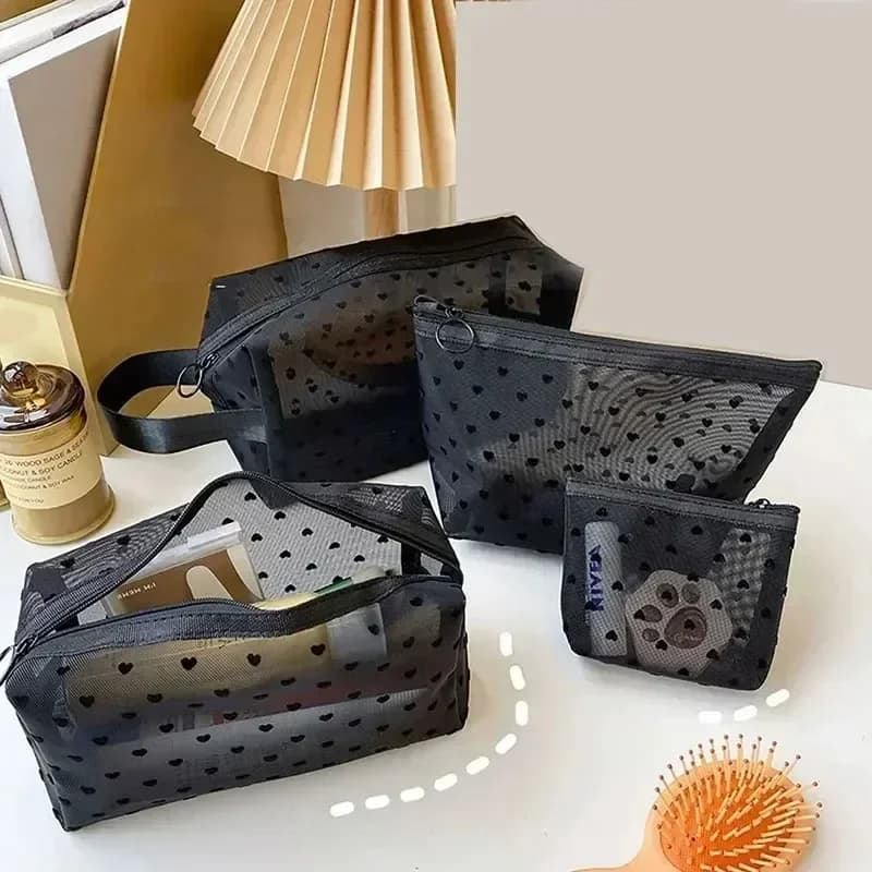 Borsa Cosmetica in Rete di Nylon a Forma di Cuore, Organizer per Trucchi, Porta Rossetti, Chiavi e Monete, Pochette da Viaggio per Donne