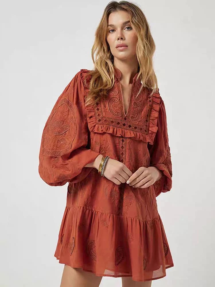 Retro Half High Collar Lantern Sleeve Embroidered Loose Women's Dress French Style Gauze Fiber Long Sleeve Casual Fairy Skirt