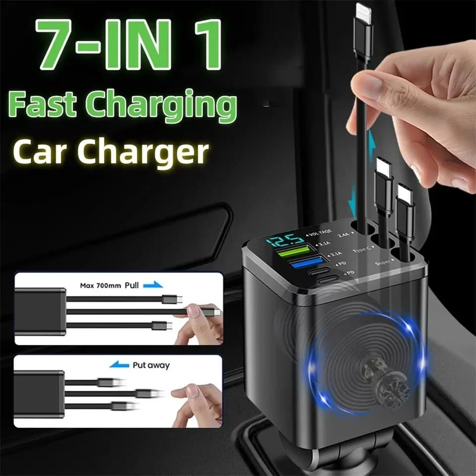 Car Charger 12V-24V Quick Charging Dual USB Type C PD Retractable charging voltage for Ios and Android phone chargers
