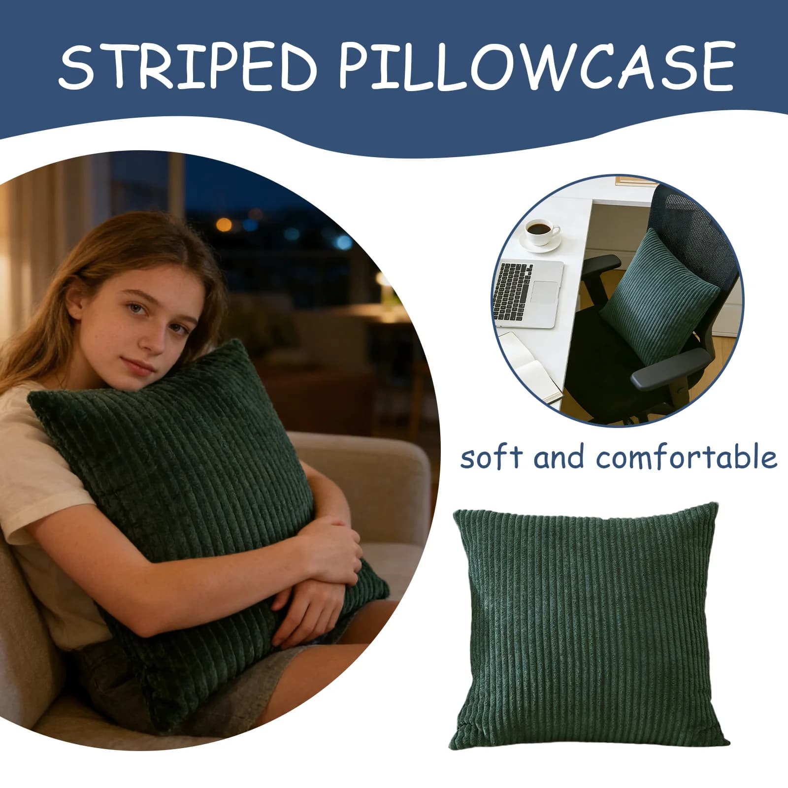 1 fodera per cuscino in velluto a coste a righe sottili, elegante fodera per cuscino quadrata verde scuro per divano del soggiorno, fodera decorativa per cuscino