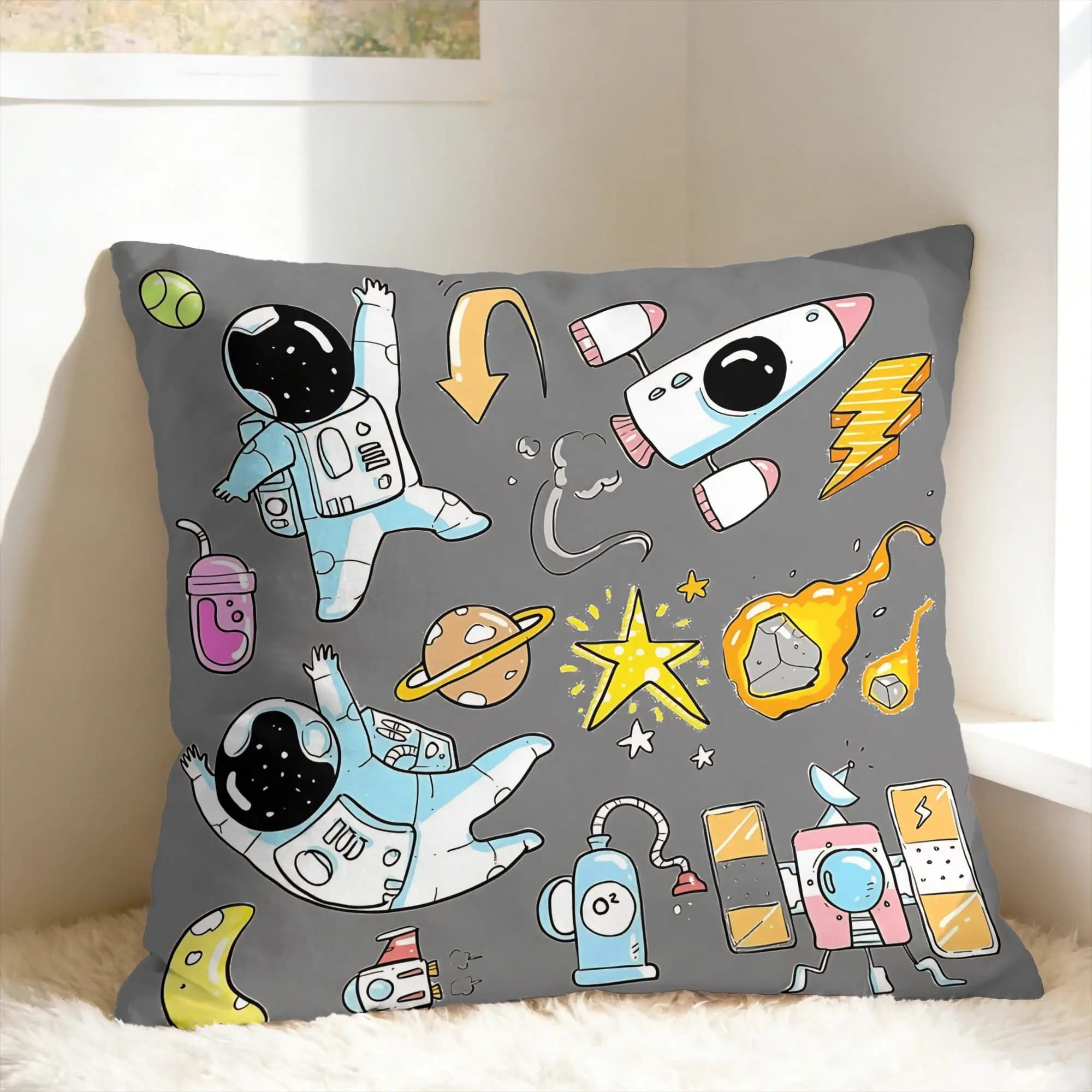 Astronaut & Rocket & Planets Pillow Cover Novelty Pillow Case For Living Room Sofa Comfy Pillowcases Birthday Present