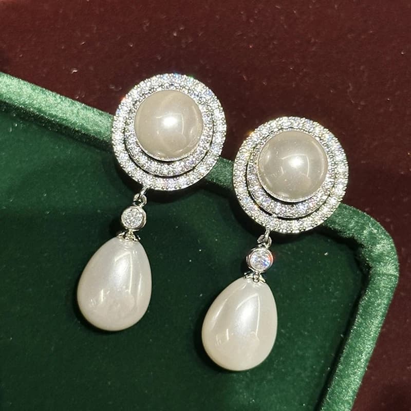 Huitan Elegant Teardrop Imitation Pearl Dangle Earrings Paved Sparkling CZ Wedding Party Accessories for Women Fashion Jewelry