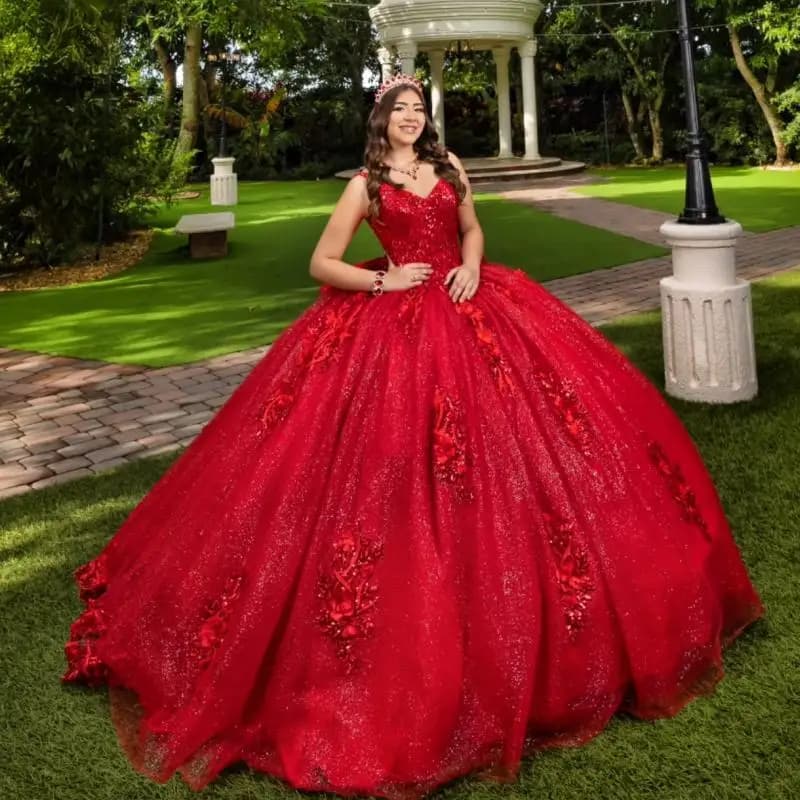 Abito Quinceanera rosso lucido personalizzato con spalle scoperte applique con paillettes tull pizzo fiore 3D abiti da 15 Quinceanera