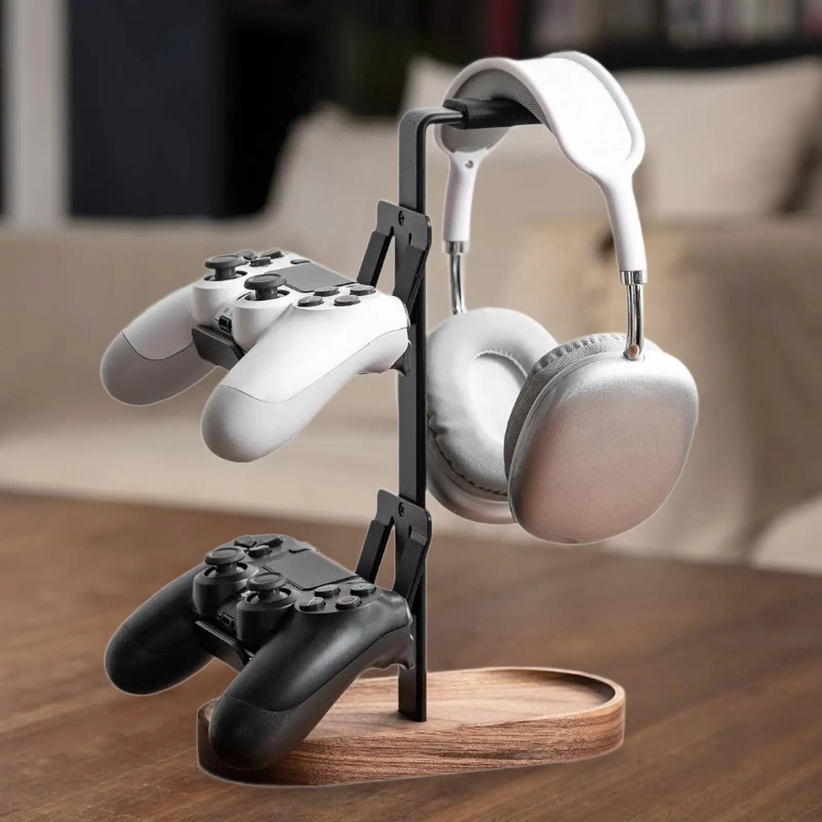 Staffa porta controller e auricolare Supporto da tavolo portatile antiscivolo Robusta base in legno Espositore universale per cuffie Regalo da uomo