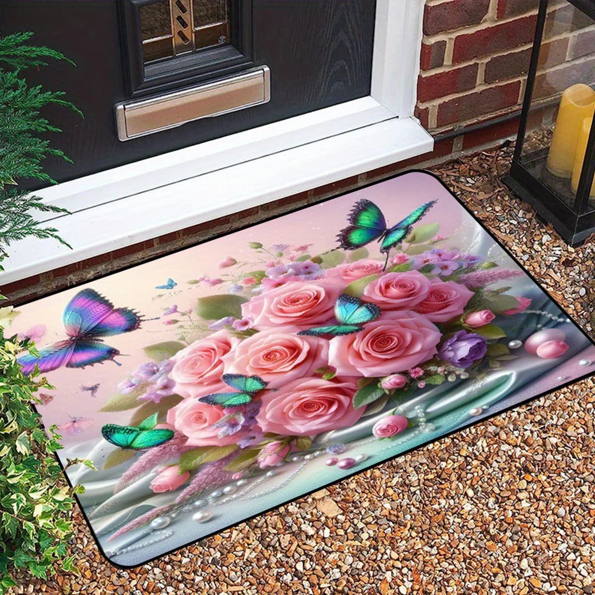 VIKAMA Romantic Pink Rose Butterfly Welcome Doormat Floral Non Slip Outdoor Front Entry Garden Decor Mat