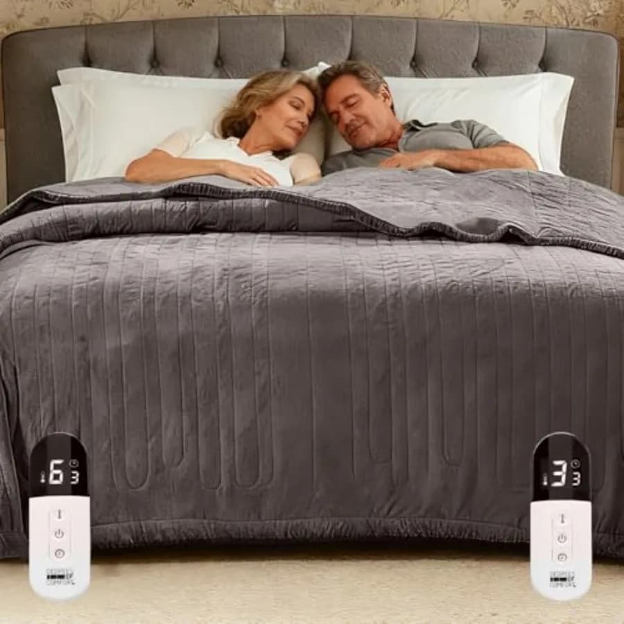 Coperta Elettrica con Doppio Controllo, Grande Coperta Riscaldata in Pile per Letto, Spegnimento Automatico, Lavabile in Lavatrice - Grigio 100Wx90L