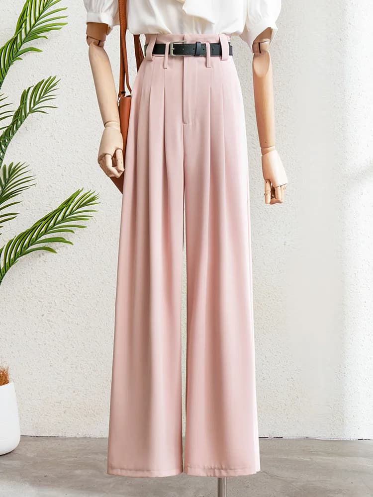Pink High Waist Wide Leg Suit Pants Women's Loose Drapey Floor-Length Trousers Hip Concealing Slimming Long Trousers