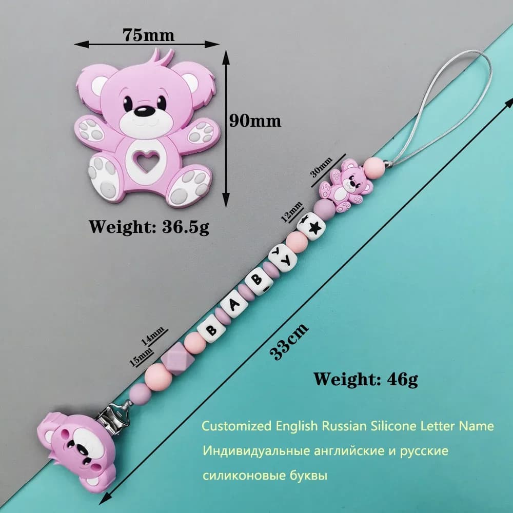 Catenelle Portaciuccio Personalizzate con Nome in Inglese, Ciondolo Orsetto in Silicone, Giocattoli Kawaii per Neonati