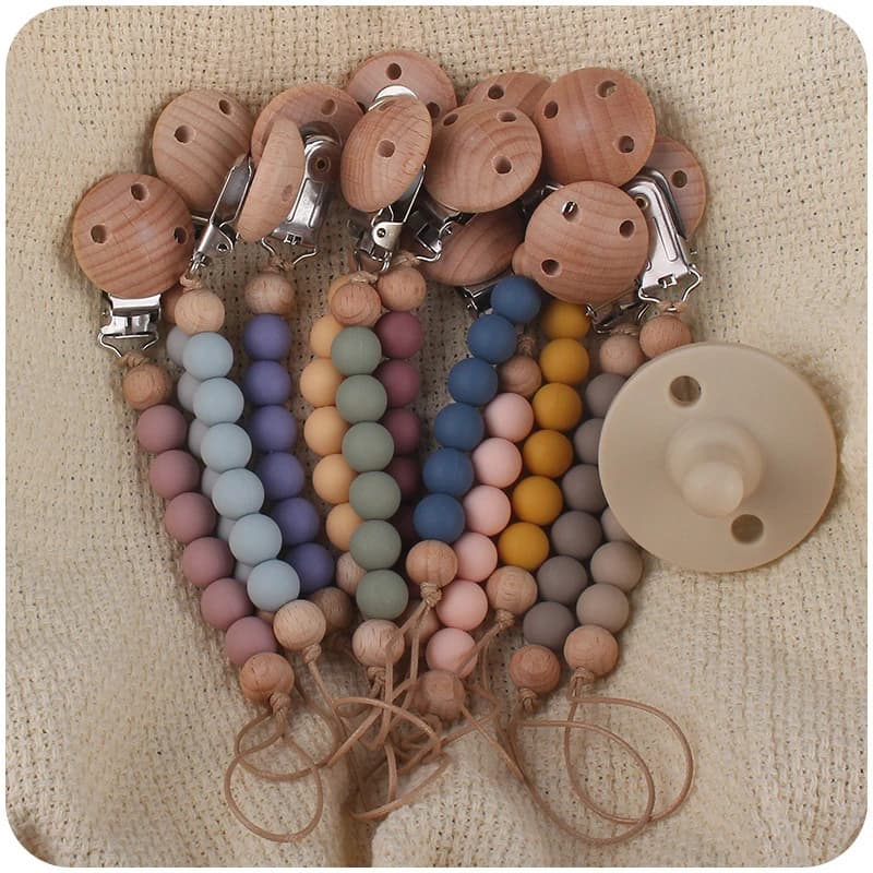 Legno di faggio Masticare Perline di silicone Clip per ciuccio Porta catena fittizio Catene per succhietto neonato Porta capezzoli Dentizione per bambini Giocattoli Regali