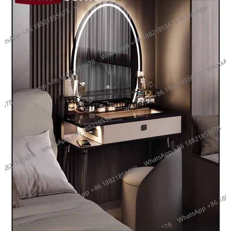 Toeletta minimalista italiana piccola 60 cm con specchio grande intelligente con serratura, toeletta di lusso leggero per camera da letto