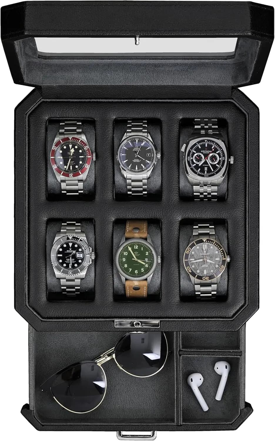 Scatola Porta Orologi in Pelle a 6 Scomparti con Cassetto, Espositore di Lusso per Orologi, Fodera in Microfibra, Contenitore con Chiusura per Uomo