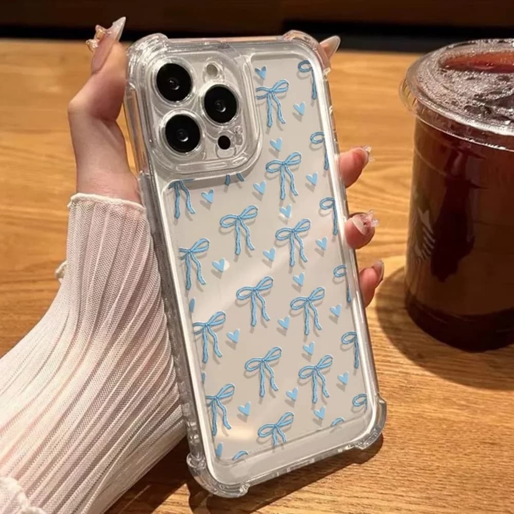 Cover Antiurto Rosa e Blu con Stampa Fiocco per iPhone 11 12 13 14 15 16 17 Pro Xs Max Mini 8 7 6 6s Plus 16e 17e Air XR