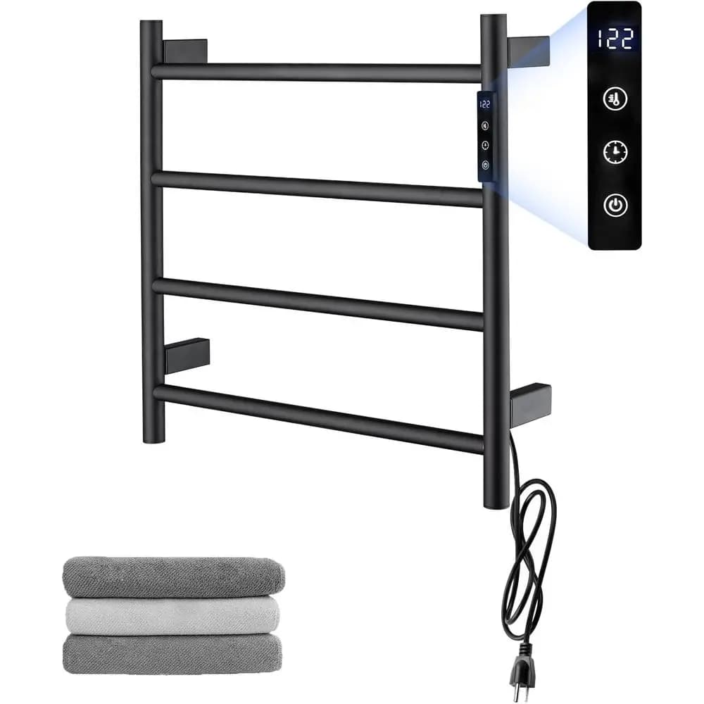 Scaldasalviette Elettrico da Parete Nero Opaco con Timer, Porta Salviette a 4 Barre per Bagno