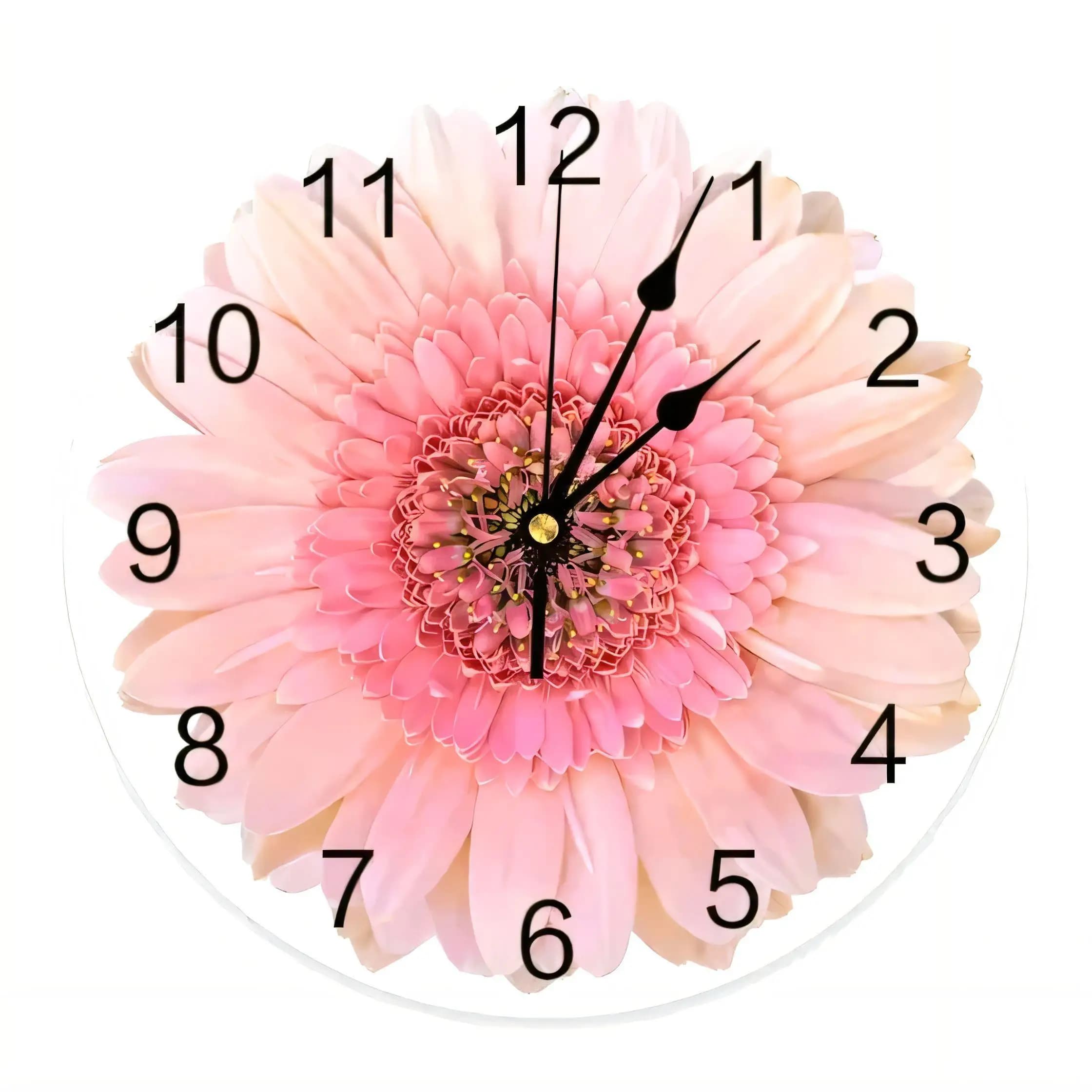 12inch Wall Clock Floral Pink Gerbera Daisy Silent Non Ticking Battery Operated Home Decor