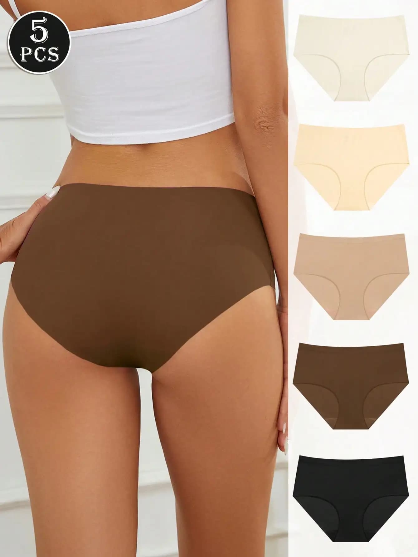 Pack of 5 elasticized soft women's seamless briefs, comfortable underwear in plain color