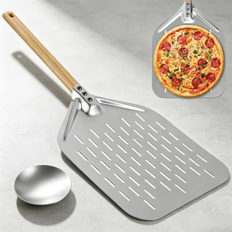 Perforated Aluminum Pizza Peel with Detachable Oak Handle Pizza Baking Stone Set Oven Baking Tool for Homemade Pizza Making