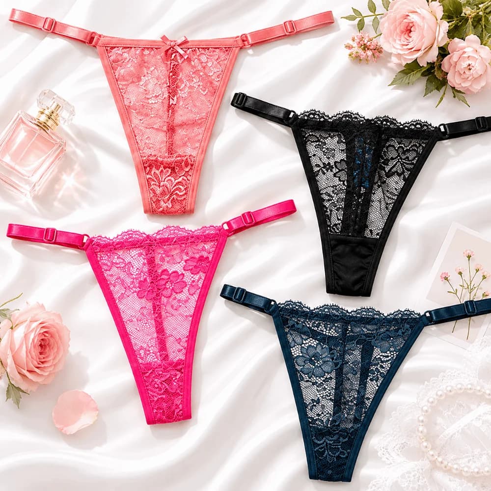 4pcs Lingerie Hollow Out Lace Thongs Mesh Low Waist Women Panties Transparent Underwear T-back Briefs Everyday Wear