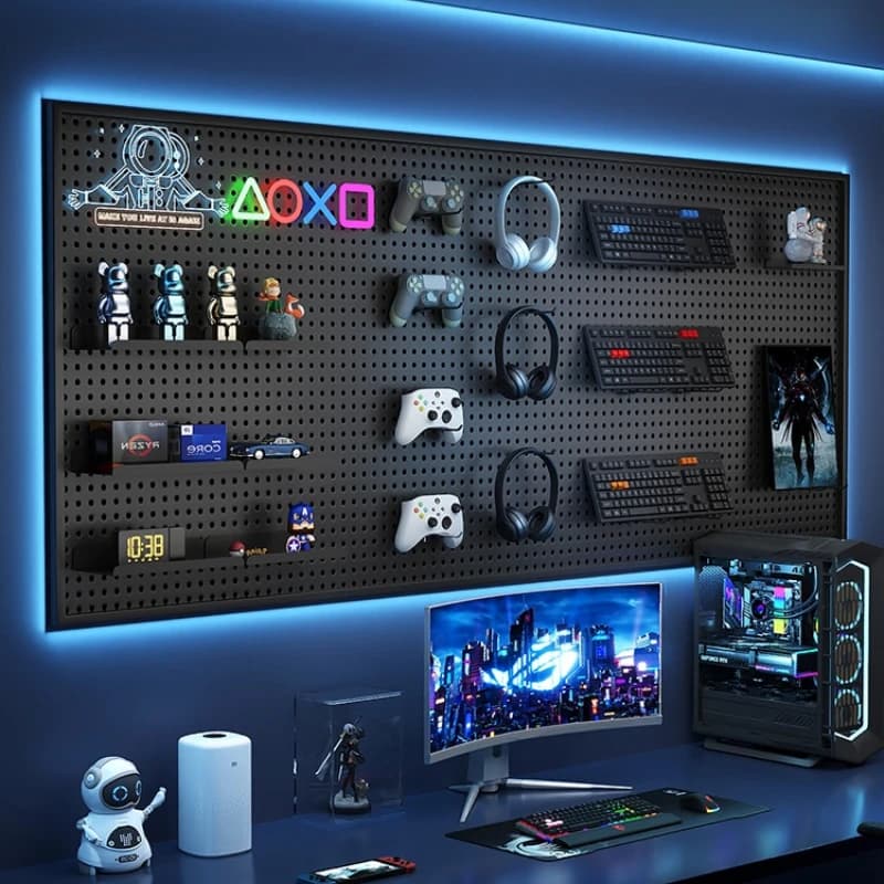 Scaffale a parete forato per sala e-sport, scrivania per computer, scaffalatura portaoggetti in ferro battuto e acciaio inossidabile, pannello forato a parete